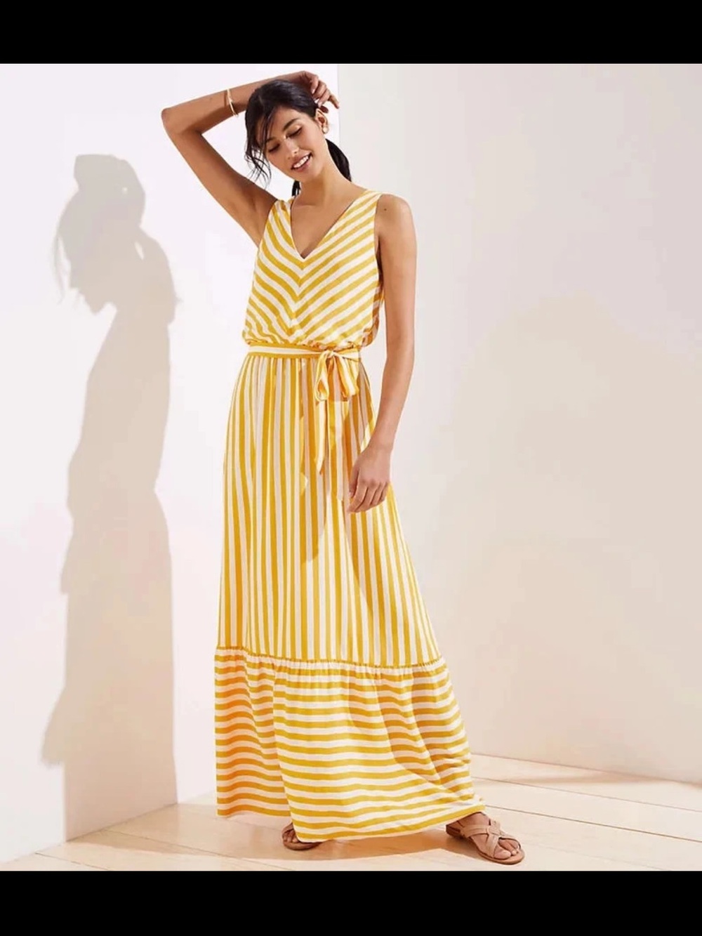 LOFT Yellow and White Striped V-Neck Tie-Waist Maxi Dress size 8